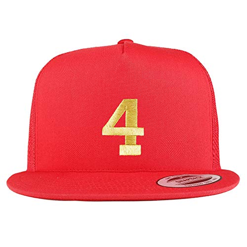 Trendy Apparel Shop Number 4 Gold Thread Embroidered Flat Bill 5 Panel Trucker Cap