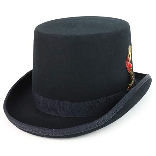 Trendy Apparel Shop 100% Wool Felt Feather Grosgrain Band Men's Top Hat