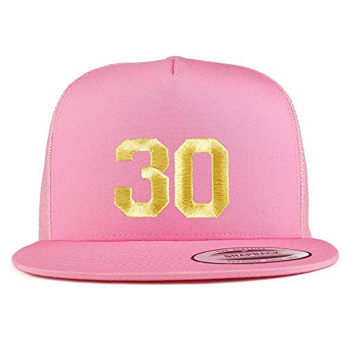 Trendy Apparel Shop Number 30 Gold Thread Embroidered Flat Bill 5 Panel Trucker Cap