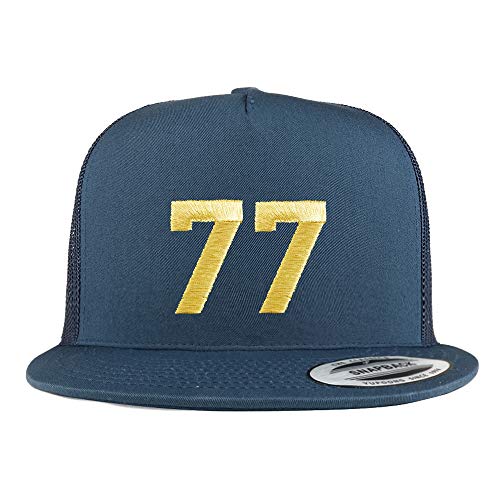 Trendy Apparel Shop Number 77 Gold Thread Embroidered Flat Bill 5 Panel Trucker Cap