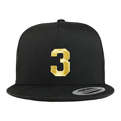 Trendy Apparel Shop Number 3 Gold Thread Embroidered Flat Bill 5 Panel Trucker Cap