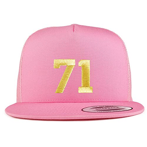 Trendy Apparel Shop Number 71 Gold Thread Embroidered Flat Bill 5 Panel Trucker Cap