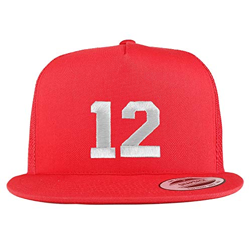 Trendy Apparel Shop Number 12 White Thread Embroidered Flat Bill 5 Panel Trucker Cap