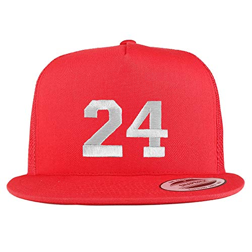 Trendy Apparel Shop Number 24 White Thread Embroidered Flat Bill 5 Panel Trucker Cap