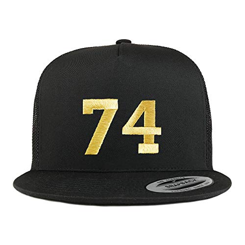 Trendy Apparel Shop Number 74 Gold Thread Embroidered Flat Bill 5 Panel Trucker Cap