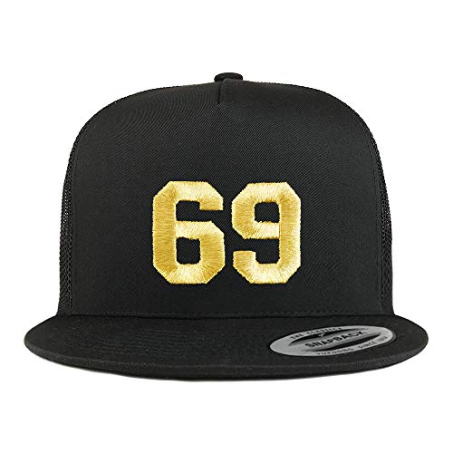 Trendy Apparel Shop Number 69 Gold Thread Embroidered Flat Bill 5 Panel Trucker Cap