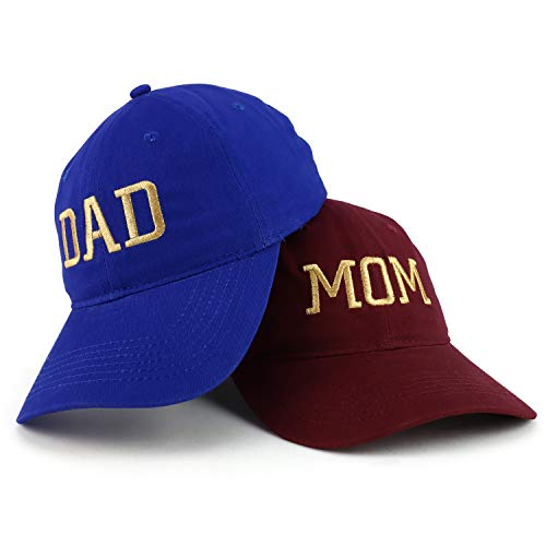 Trendy Apparel Shop Capital Gold Thread Mom and Dad Soft Cotton 2 Pc Cap Set