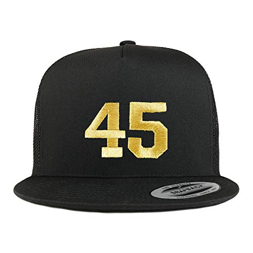 Trendy Apparel Shop Number 45 Gold Thread Embroidered Flat Bill 5 Panel Trucker Cap