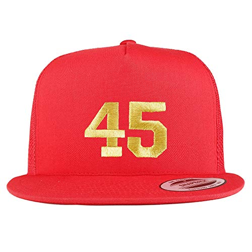 Trendy Apparel Shop Number 45 Gold Thread Embroidered Flat Bill 5 Panel Trucker Cap