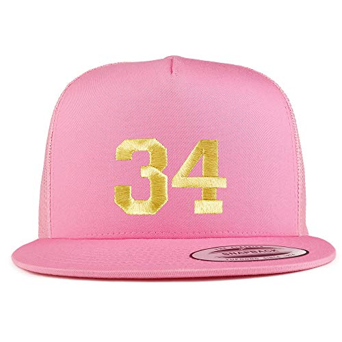 Trendy Apparel Shop Number 34 Gold Thread Embroidered Flat Bill 5 Panel Trucker Cap