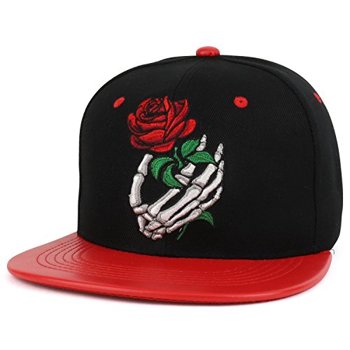 Trendy Apparel Shop Rose Skull Hand Embroidered PU Flat Bill Snapback Cap