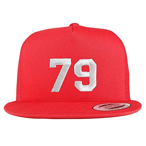 Trendy Apparel Shop Number 79 White Thread Embroidered Flat Bill 5 Panel Trucker Cap