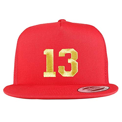 Trendy Apparel Shop Number 13 Gold Thread Embroidered Flat Bill 5 Panel Trucker Cap