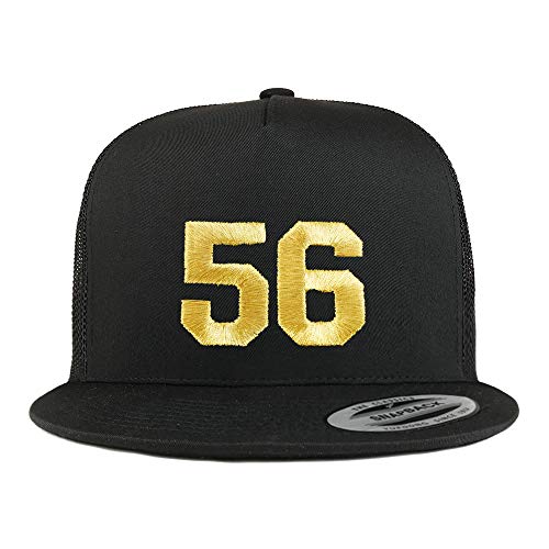 Trendy Apparel Shop Number 56 Gold Thread Embroidered Flat Bill 5 Panel Trucker Cap