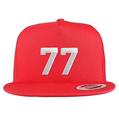 Trendy Apparel Shop Number 77 White Thread Embroidered Flat Bill 5 Panel Trucker Cap