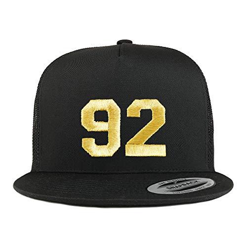 Trendy Apparel Shop Number 92 Gold Thread Embroidered Flat Bill 5 Panel Trucker Cap