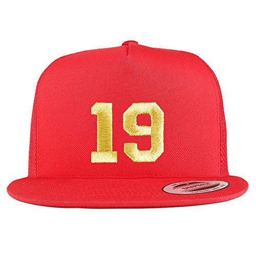 Trendy Apparel Shop Number 19 Gold Thread Embroidered Flat Bill 5 Panel Trucker Cap