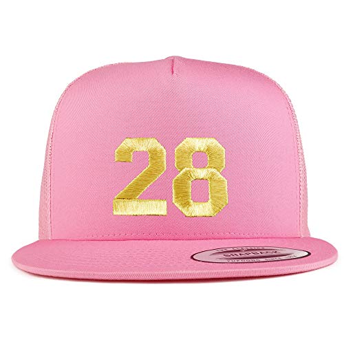 Trendy Apparel Shop Number 28 Gold Thread Embroidered Flat Bill 5 Panel Trucker Cap