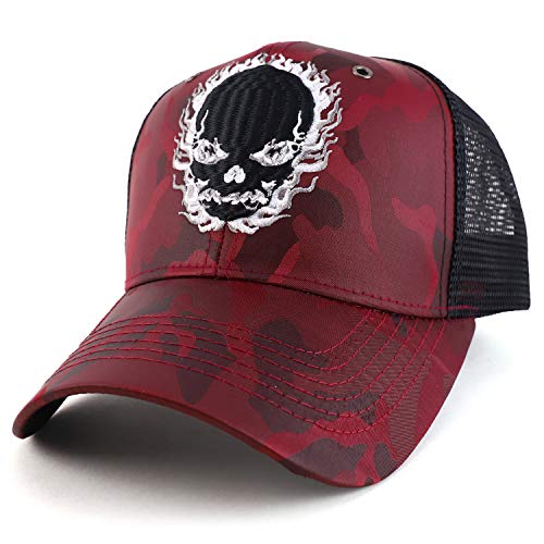 Trendy Apparel Shop Flame Skull Trucker Nyon Camo Trucker Mesh Baseball Cap