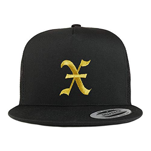 Trendy Apparel Shop Old English Gold X Embroidered 5 Panel Flatbill Trucker Mesh Cap