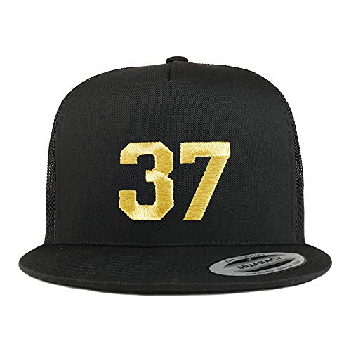 Trendy Apparel Shop Number 37 Gold Thread Embroidered Flat Bill 5 Panel Trucker Cap