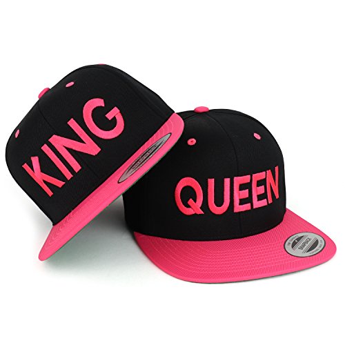 Trendy Apparel Shop King and Queen Embroidered Flat Bill 2-Tone Ball Cap