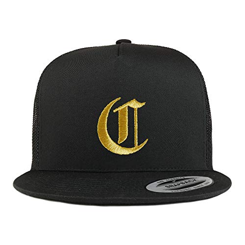 Trendy Apparel Shop Old English Gold C Embroidered 5 Panel Flatbill Trucker Mesh Cap