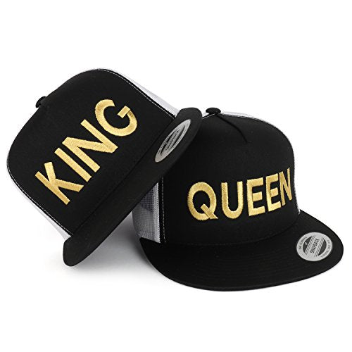 Trendy Apparel Shop King and Queen Gold Embroidered 5 Panel Flat Bill 2-Tone Mesh Cap