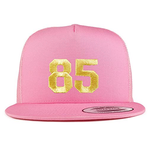 Trendy Apparel Shop Number 85 Gold Thread Embroidered Flat Bill 5 Panel Trucker Cap