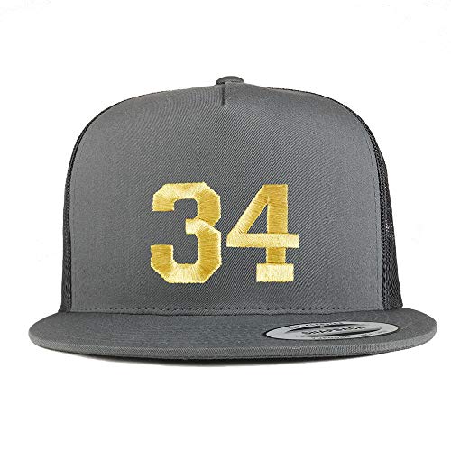 Trendy Apparel Shop Number 34 Gold Thread Embroidered Flat Bill 5 Panel Trucker Cap