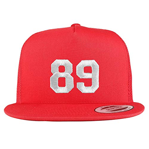 Trendy Apparel Shop Number 89 White Thread Embroidered Flat Bill 5 Panel Trucker Cap