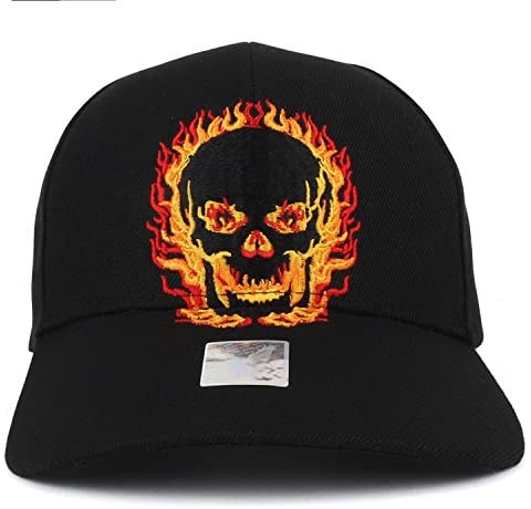 Trendy Apparel Shop Skull Flame On Fire Embroidered Structured Baseball Cap - Black