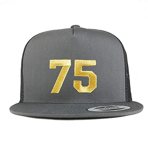 Trendy Apparel Shop Number 75 Gold Thread Embroidered Flat Bill 5 Panel Trucker Cap