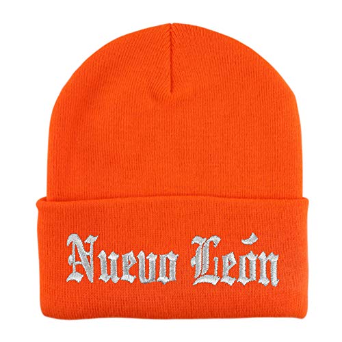 Trendy Apparel Shop Old English Nuevo Leon White Embroidered Acrylic Knit Beanie Cap