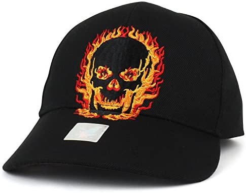 Trendy Apparel Shop Skull Flame On Fire Embroidered Structured Baseball Cap - Black