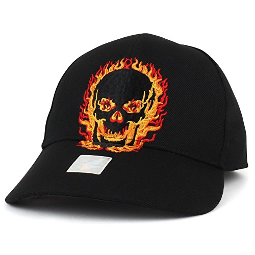 Trendy Apparel Shop Skull Flame On Fire Embroidered Structured Baseball Cap - Black