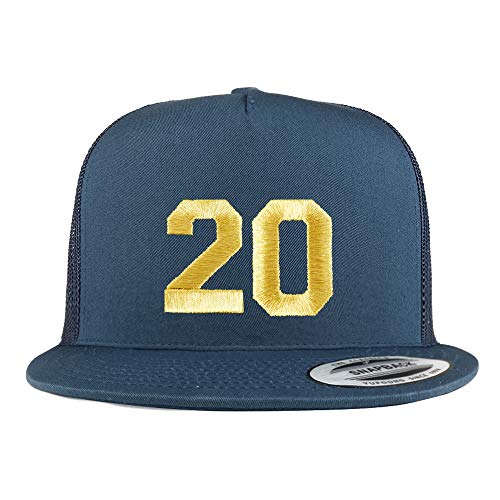 Trendy Apparel Shop Number 20 Gold Thread Embroidered Flat Bill 5 Panel Trucker Cap