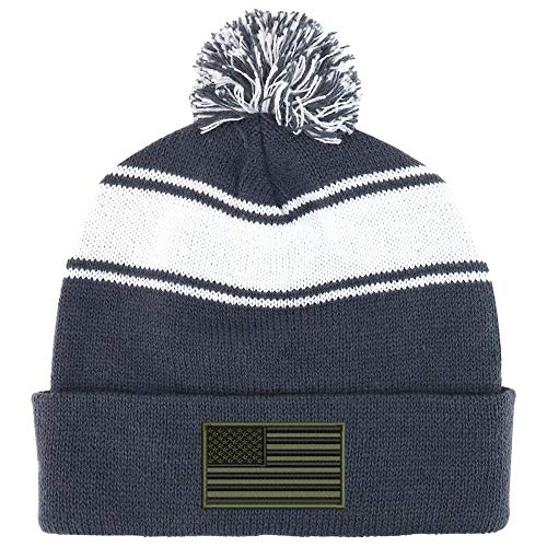 Trendy Apparel Shop Olive American Flag Two Tone Pom Striped Long Beanie Hat
