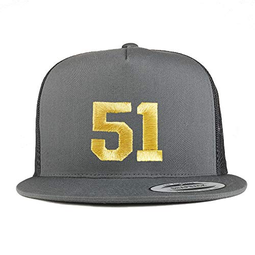 Trendy Apparel Shop Number 51 Gold Thread Embroidered Flat Bill 5 Panel Trucker Cap