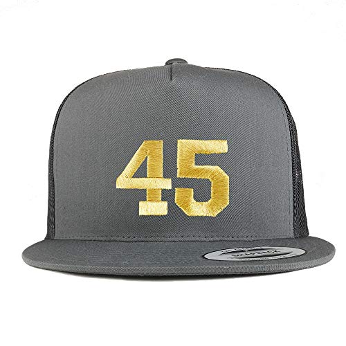 Trendy Apparel Shop Number 45 Gold Thread Embroidered Flat Bill 5 Panel Trucker Cap