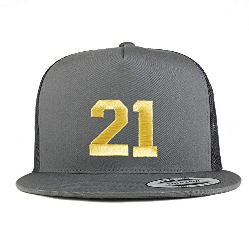 Trendy Apparel Shop Number 21 Gold Thread Embroidered Flat Bill 5 Panel Trucker Cap