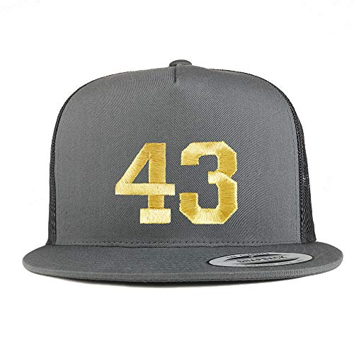 Trendy Apparel Shop Number 43 Gold Thread Embroidered Flat Bill 5 Panel Trucker Cap