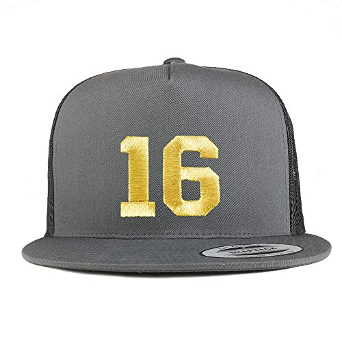 Trendy Apparel Shop Number 16 Gold Thread Embroidered Flat Bill 5 Panel Trucker Cap