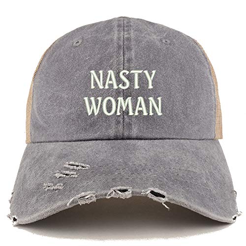 Trendy Apparel Shop Nasty Woman Washed Front Mesh Back Frayed Bill Cap