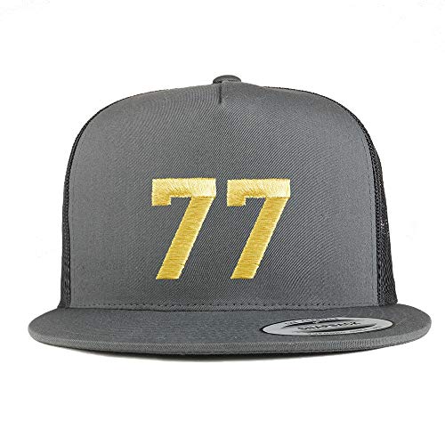 Trendy Apparel Shop Number 77 Gold Thread Embroidered Flat Bill 5 Panel Trucker Cap