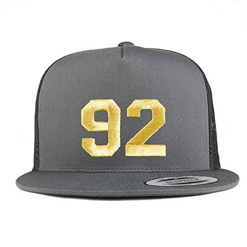 Trendy Apparel Shop Number 92 Gold Thread Embroidered Flat Bill 5 Panel Trucker Cap