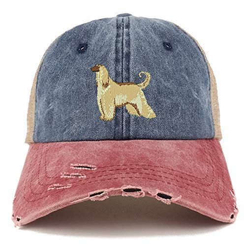 Trendy Apparel Shop Afghan Hound Dog Embroidered Frayed Bill Trucker Mesh Back Cap