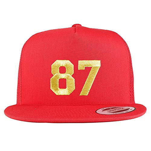 Trendy Apparel Shop Number 87 Gold Thread Embroidered Flat Bill 5 Panel Trucker Cap