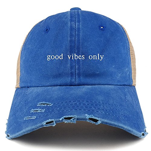 Trendy Apparel Shop Good Vibes Only Embroidered Frayed Bill Trucker Mesh Back Cap