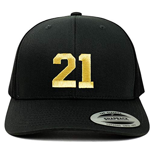 Trendy Apparel Shop Number 21 Gold Thread Embroidered Retro Trucker Mesh Cap - Black